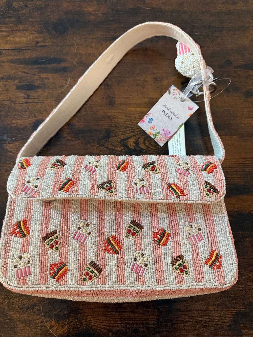 Dessert Cupcake Striped Beaded Bag with Charm NWT
